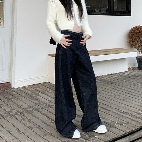 復古風牛仔拖地長褲子