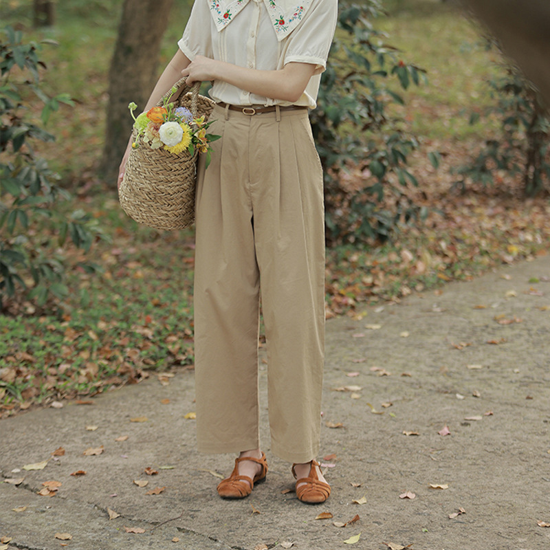 法式純色慵懶感寬鬆直筒闊腿褲