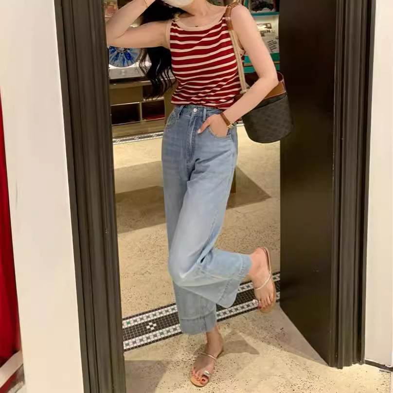 春夏直筒百搭漸變色高腰寬鬆牛仔褲