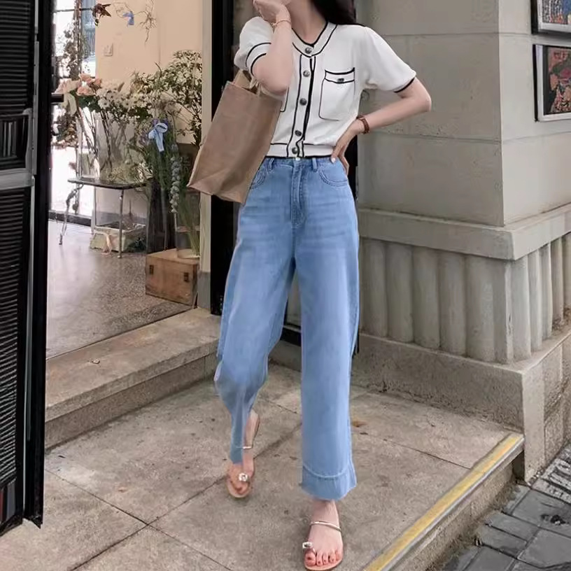 春夏直筒百搭漸變色高腰寬鬆牛仔褲