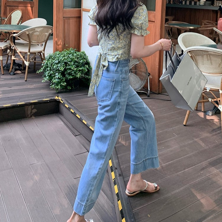 春夏直筒百搭漸變色高腰寬鬆牛仔褲