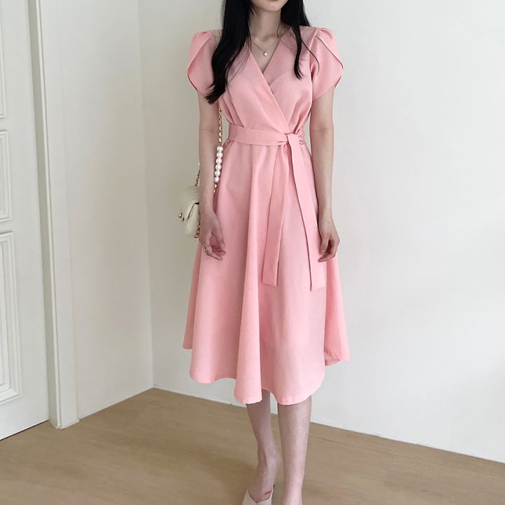 法式純色V領帶收腰連身裙