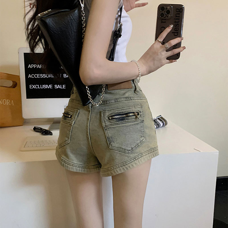 直筒修身拉鍊口袋彈性牛仔短褲