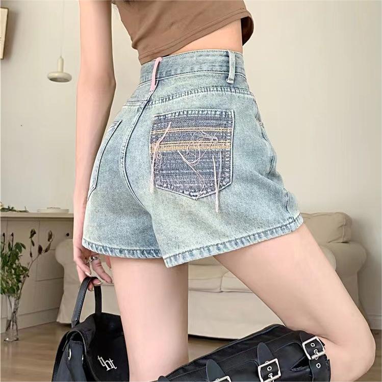 復古刺繡流蘇牛仔短褲