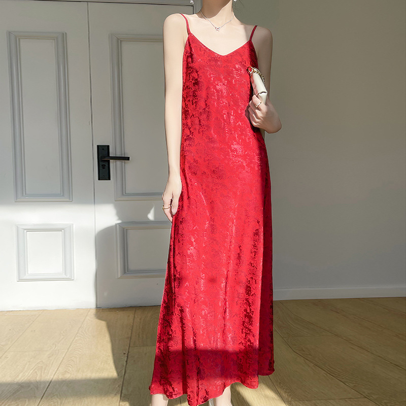 國風提花設計緞面細肩帶吊帶連身裙