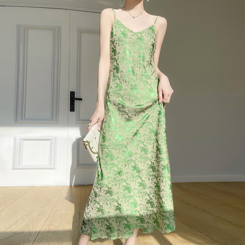 國風提花設計緞面細肩帶吊帶連身裙