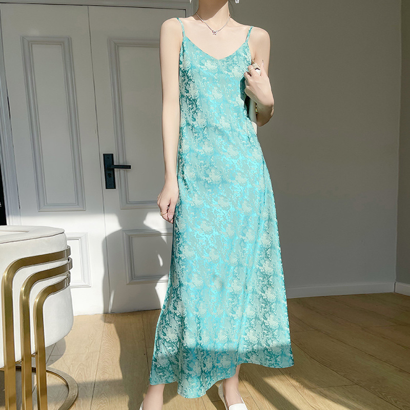 國風提花設計緞面細肩帶吊帶連身裙