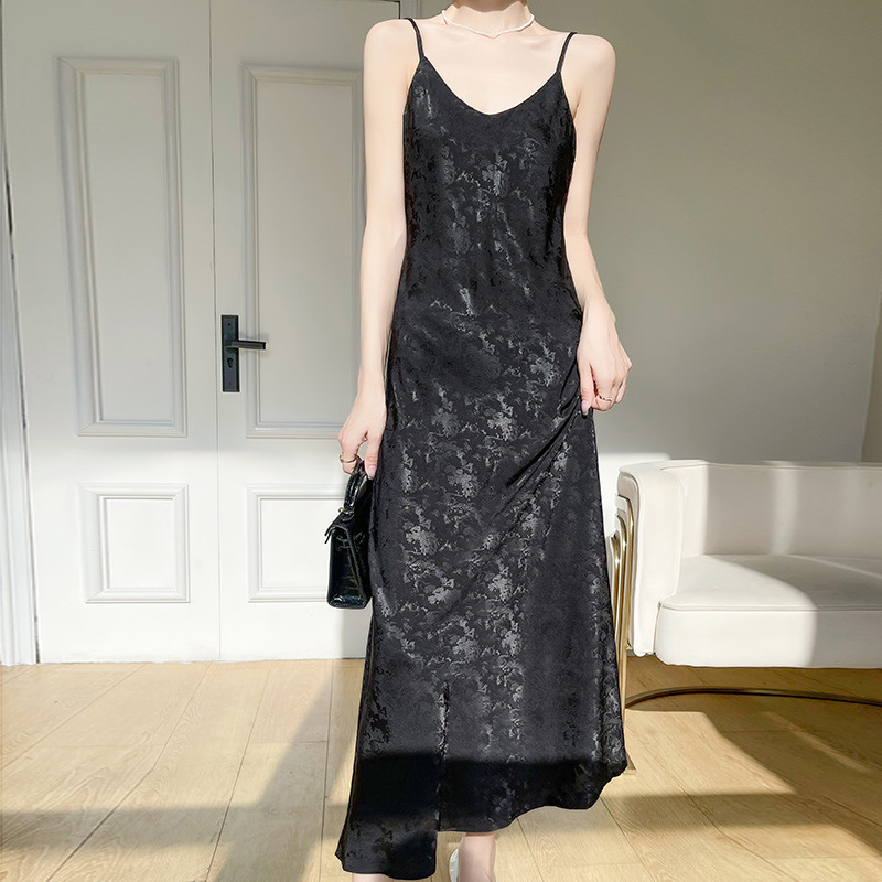 國風提花設計緞面細肩帶吊帶連身裙