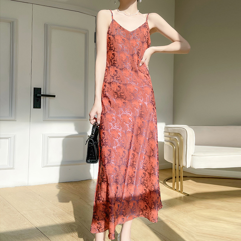 國風提花設計緞面細肩帶吊帶連身裙