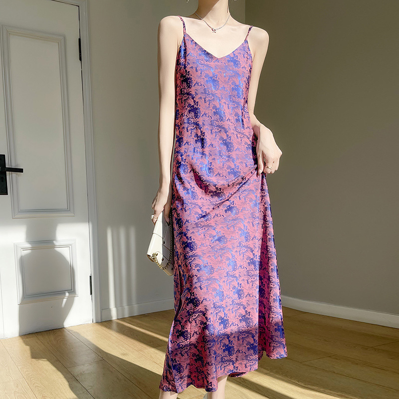 國風提花設計緞面細肩帶吊帶連身裙