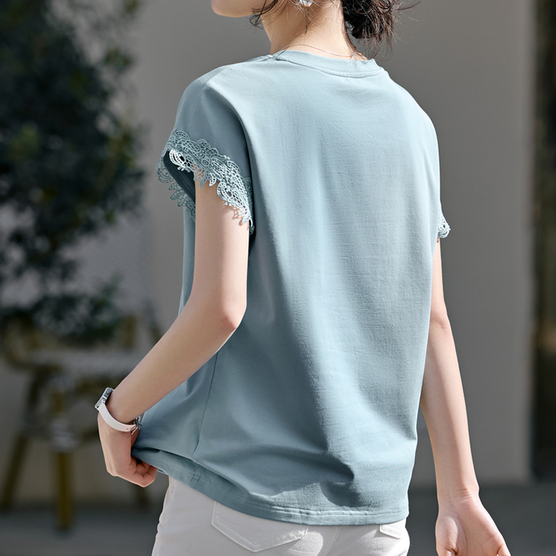 氣質蕾絲拼接V領短袖T恤