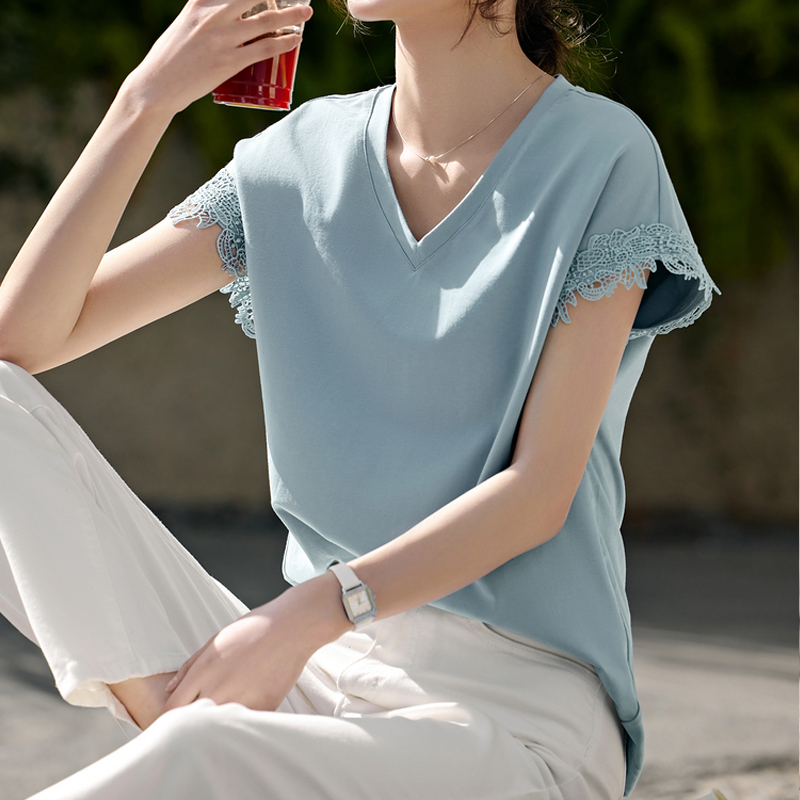 氣質蕾絲拼接V領短袖T恤