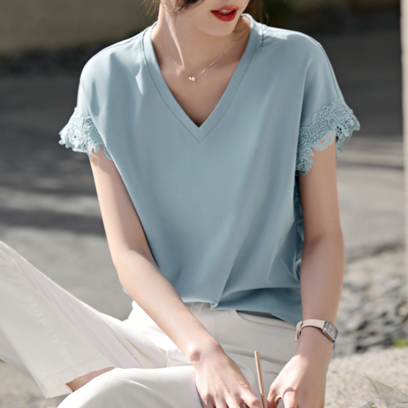 氣質蕾絲拼接V領短袖T恤