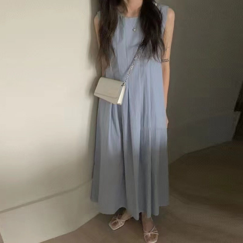 韓國chic圓領壓褶收腰無袖背心連身裙