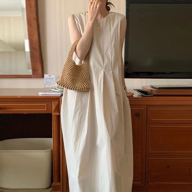 韓國chic圓領壓褶收腰無袖背心連身裙