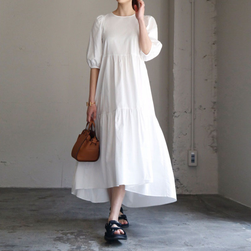 韓版純色泡泡袖連身裙