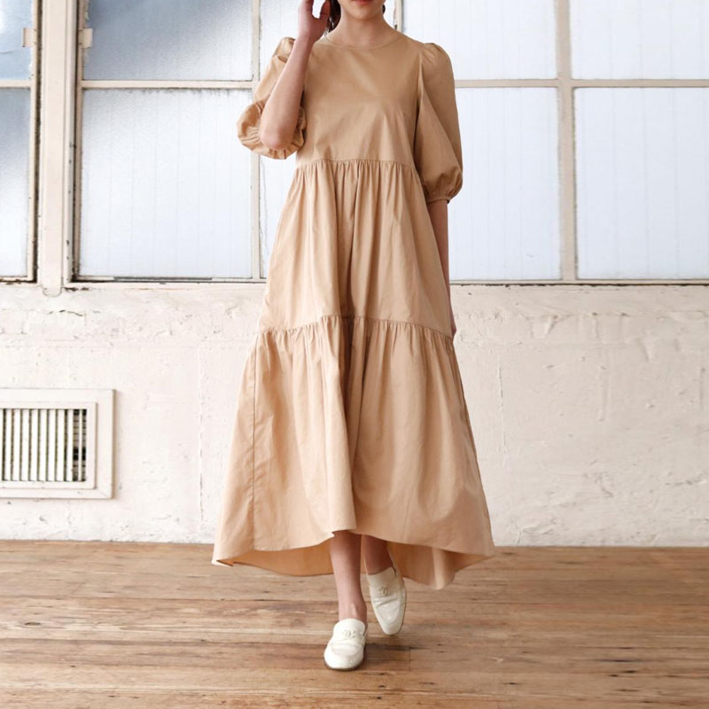 韓版純色泡泡袖連身裙