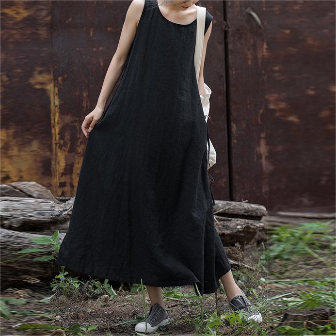 棉麻文藝純色無袖繫帶連身裙
