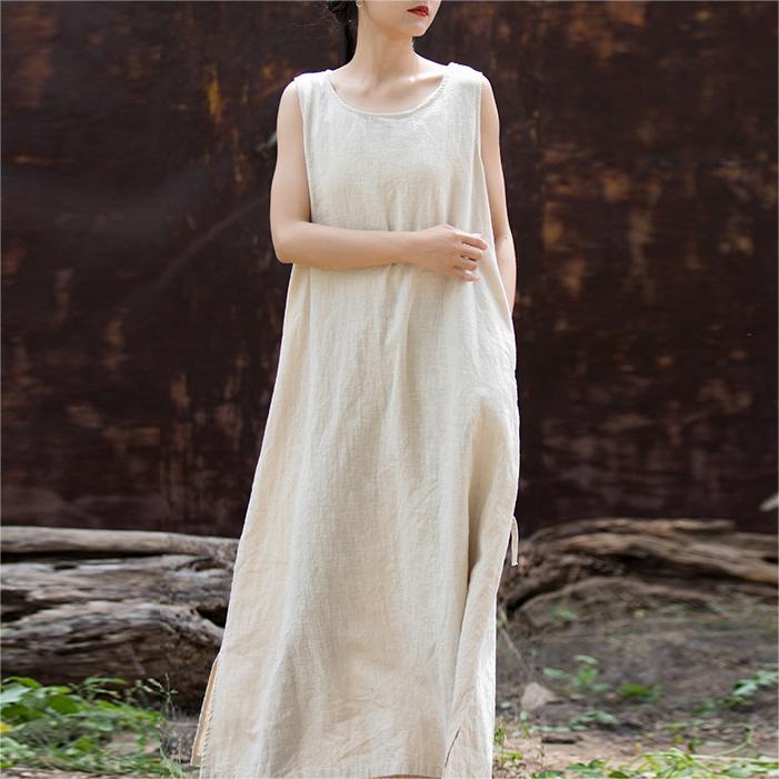 棉麻文藝純色無袖繫帶連身裙