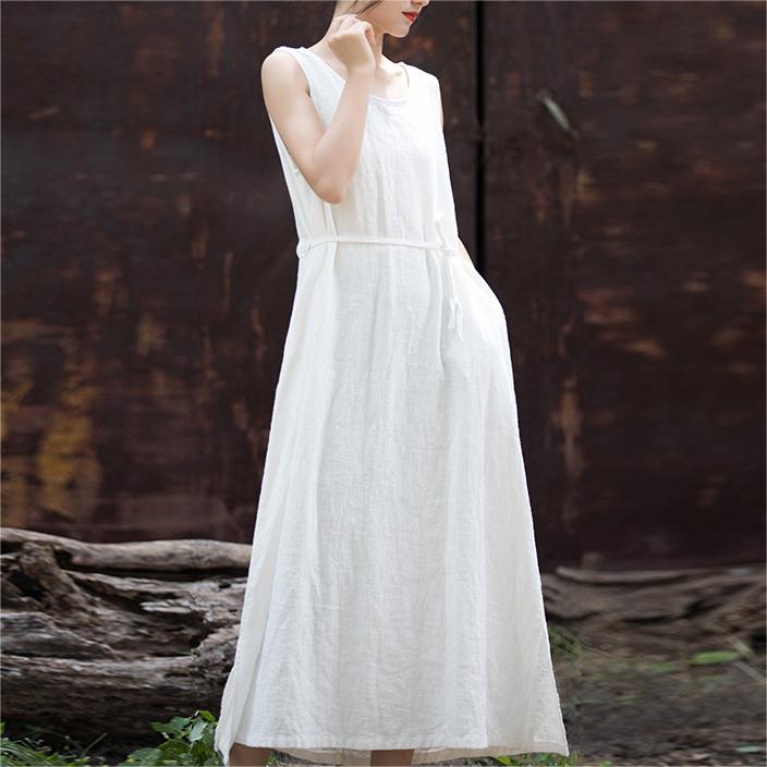 棉麻文藝純色無袖繫帶連身裙