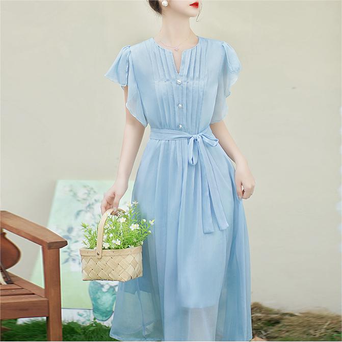 溫柔風修身小飛袖連身裙