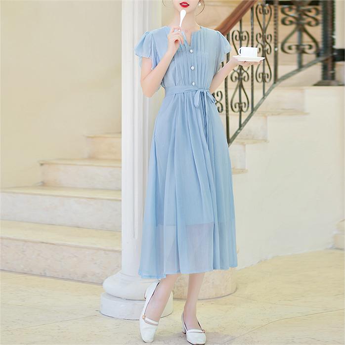 溫柔風修身小飛袖連身裙