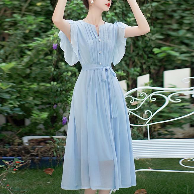 溫柔風修身小飛袖連身裙