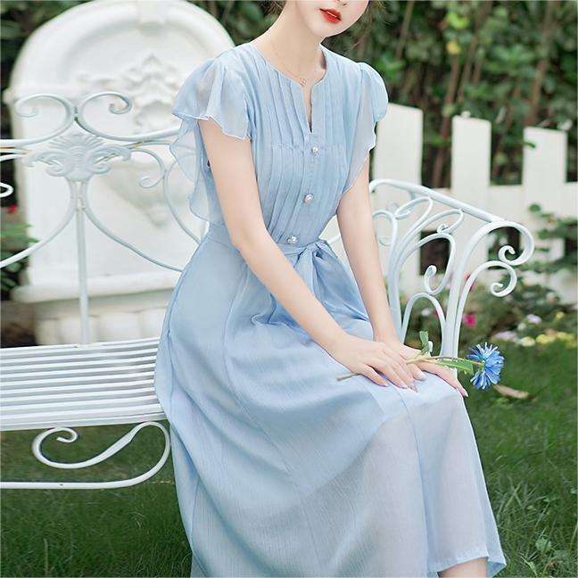 溫柔風修身小飛袖連身裙