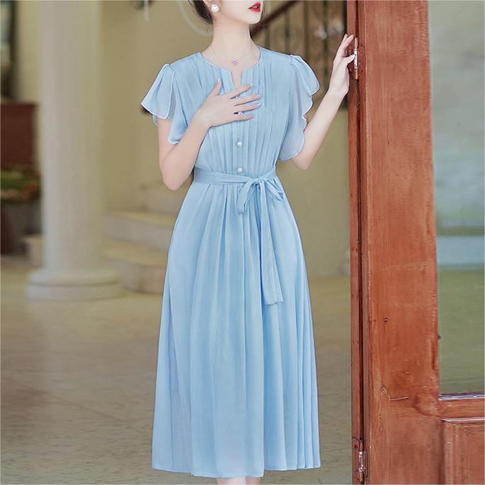 溫柔風修身小飛袖連身裙