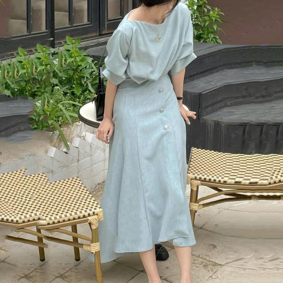 法式一字領五分袖收腰顯瘦連身裙