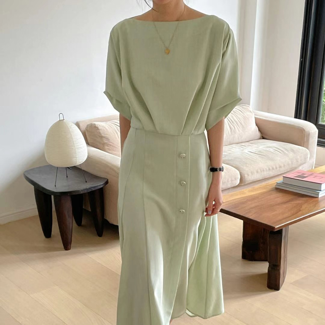 法式一字領五分袖收腰顯瘦連身裙