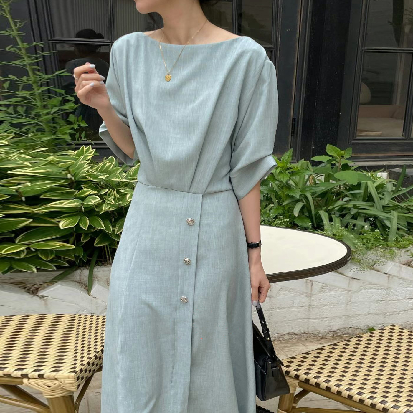 法式一字領五分袖收腰顯瘦連身裙