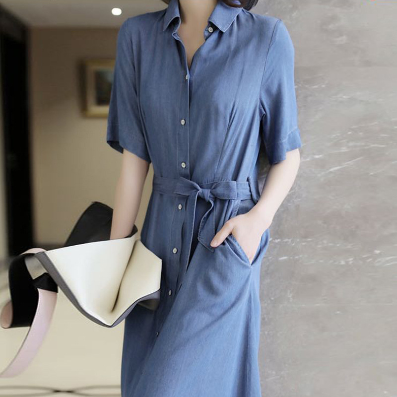 日繫收腰繫帶中長牛仔連身裙