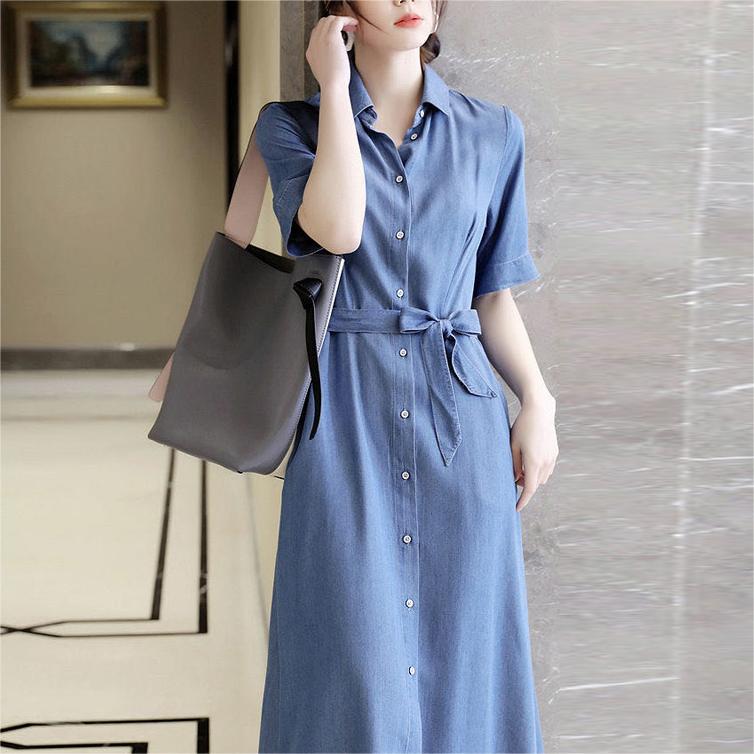 日繫收腰繫帶中長牛仔連身裙