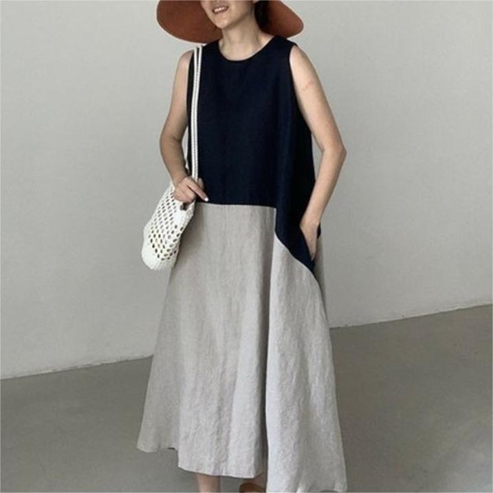 韓國chic圓領撞色拼接連身裙