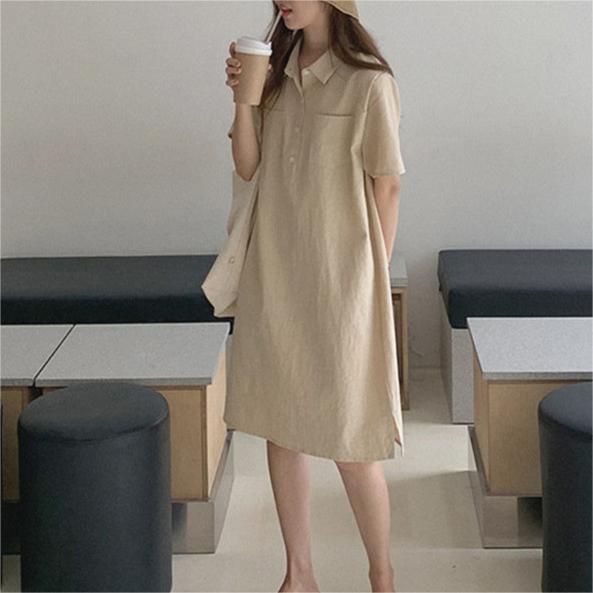 簡約純色翻領亞麻洋裝