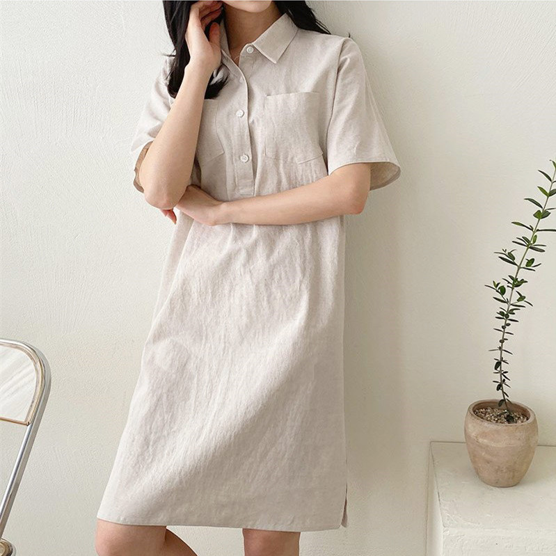 簡約純色翻領亞麻洋裝