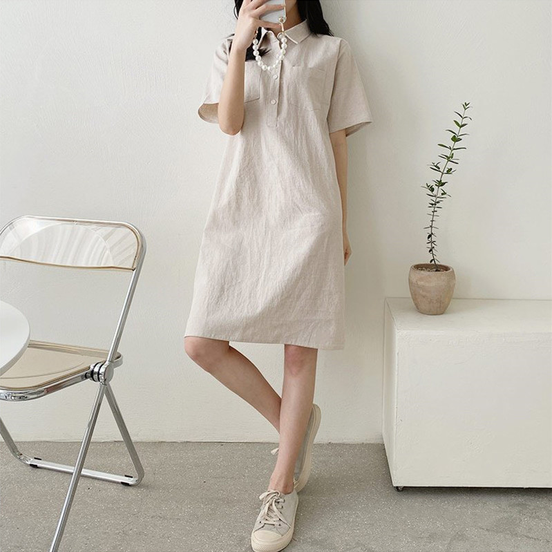 簡約純色翻領亞麻洋裝
