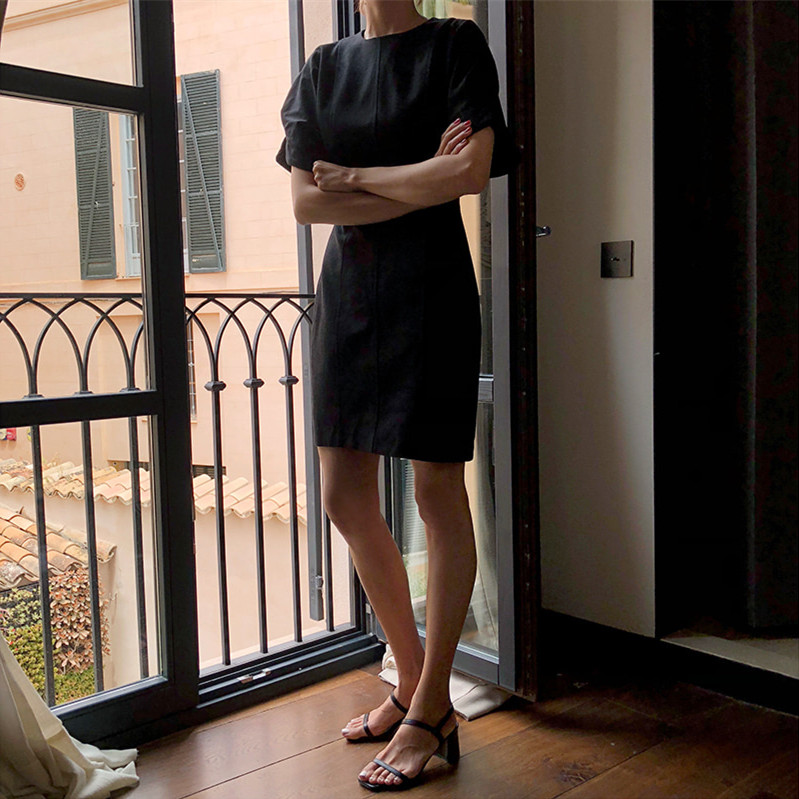 韓版泡泡袖圓領棉麻連身裙