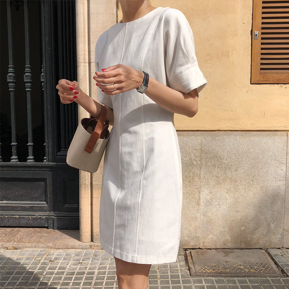 韓版泡泡袖圓領棉麻連身裙