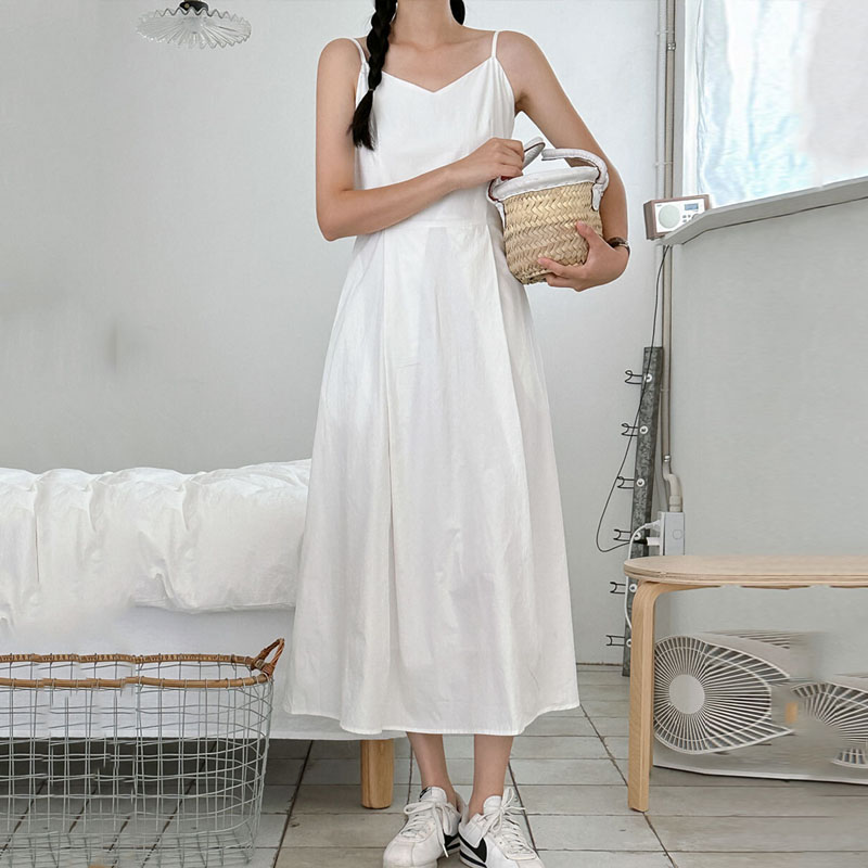 韓版修身露背後鬆緊可調式吊帶連身裙