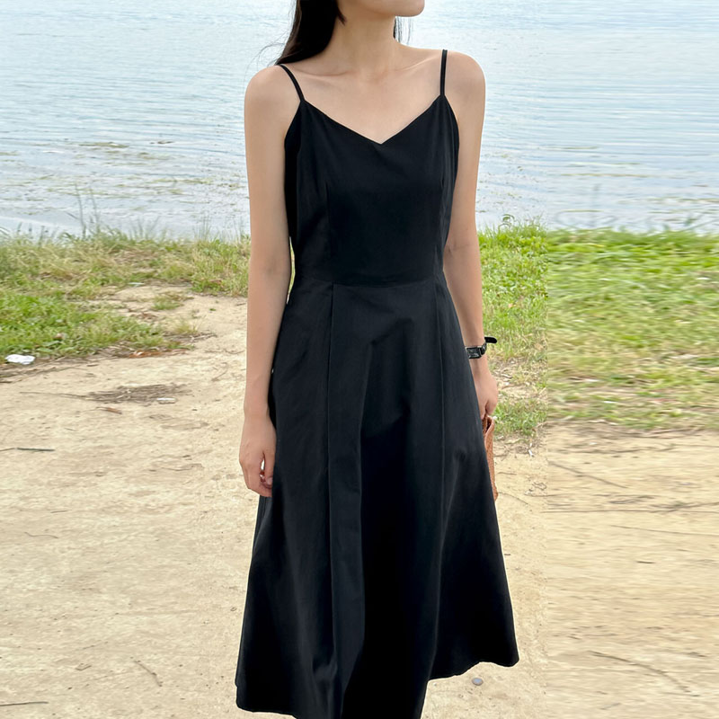 韓版修身露背後鬆緊可調式吊帶連身裙