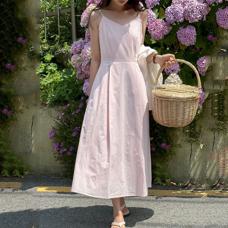 韓版修身露背後鬆緊可調式吊帶連身裙