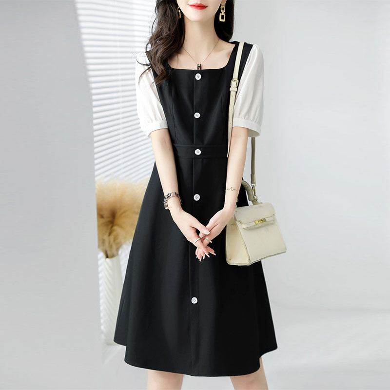 百搭撞色方領顯瘦連身裙