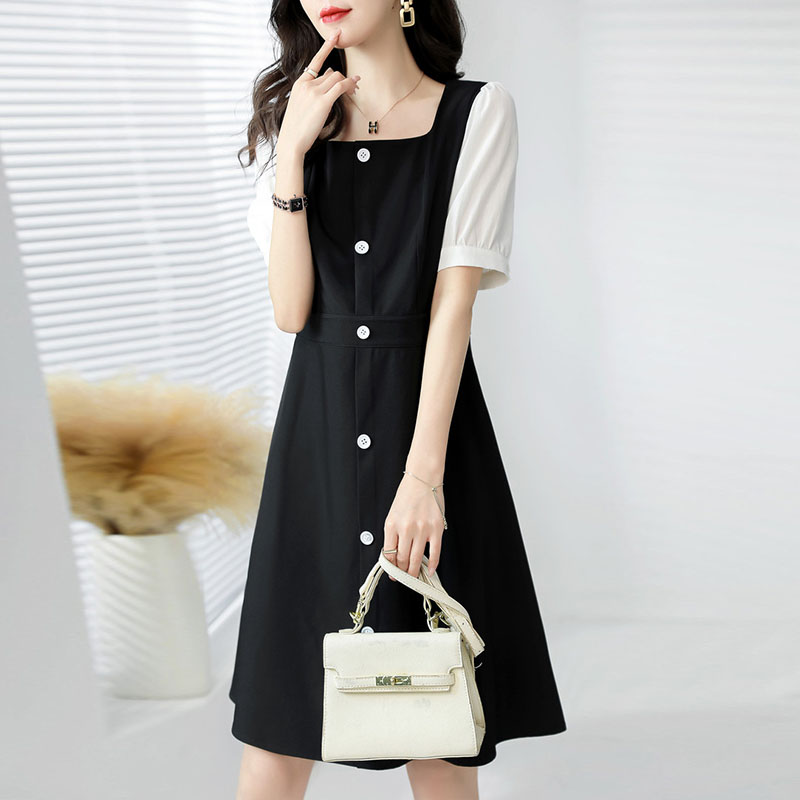 百搭撞色方領顯瘦連身裙