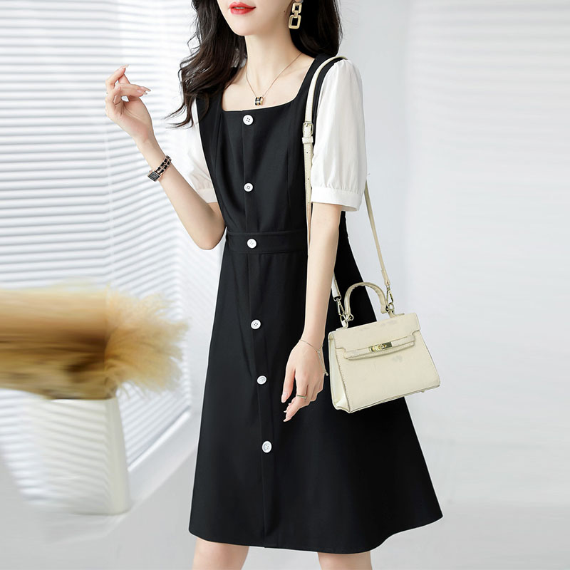 百搭撞色方領顯瘦連身裙