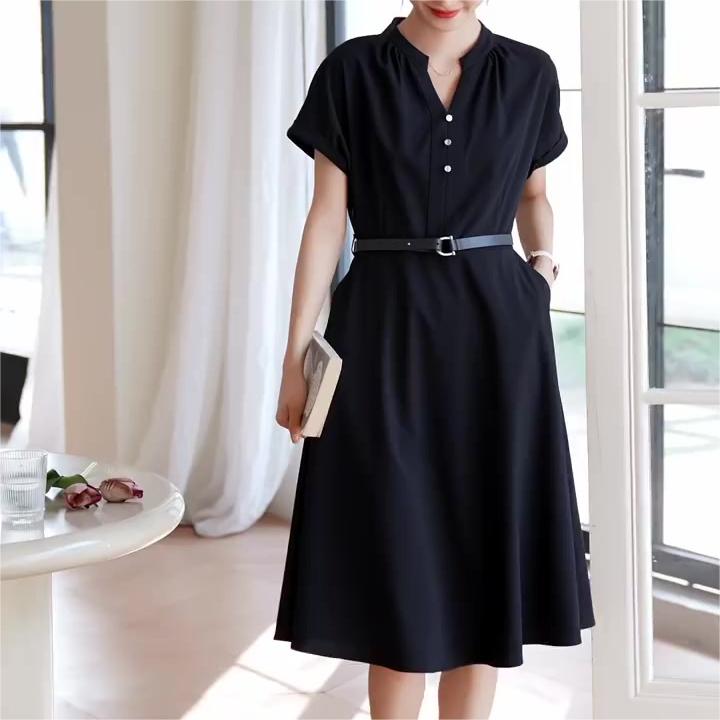 時尚優雅氣質純色V領連身裙