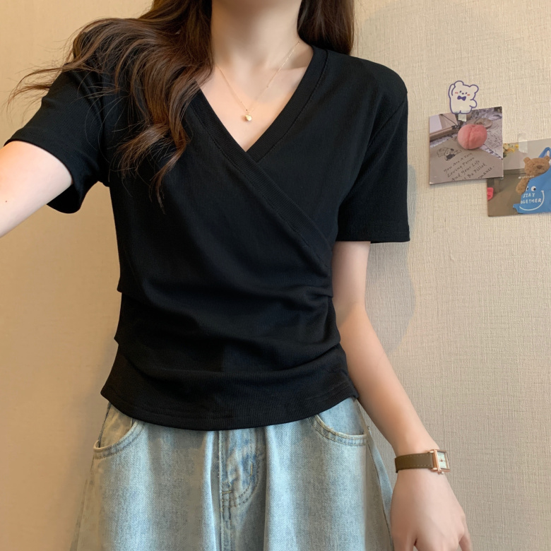 簡約V領交叉正肩短袖T恤