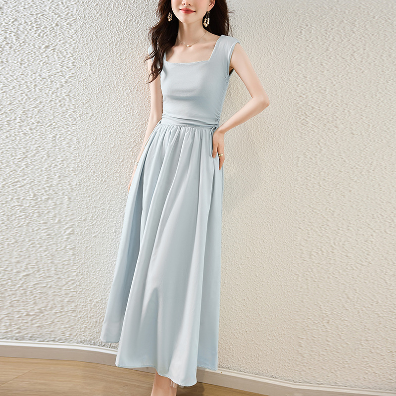 森繫甜美方領修身抽繩設計連身裙