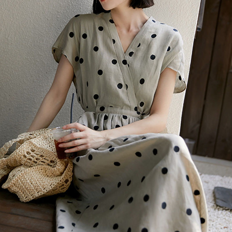 藝術復古波點V領收腰連身裙